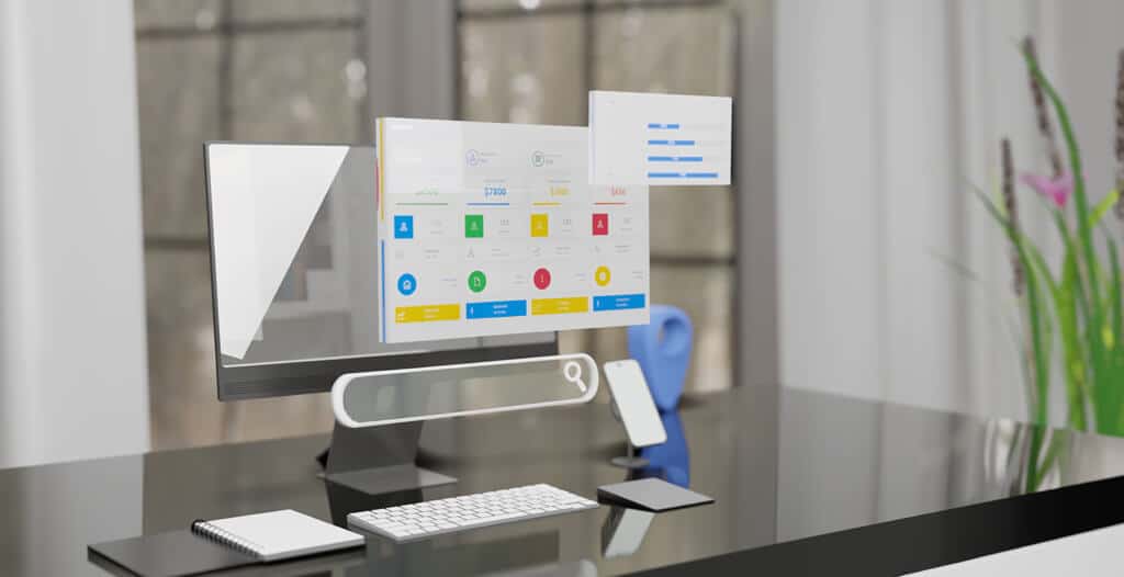 digital transformation interactive workbench with laptop mobile user icon equipped with app